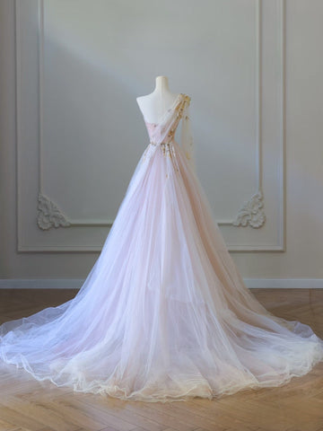 A line One Shoulder Tulle Lace Long Evening Dress Prom Dresses SD2486